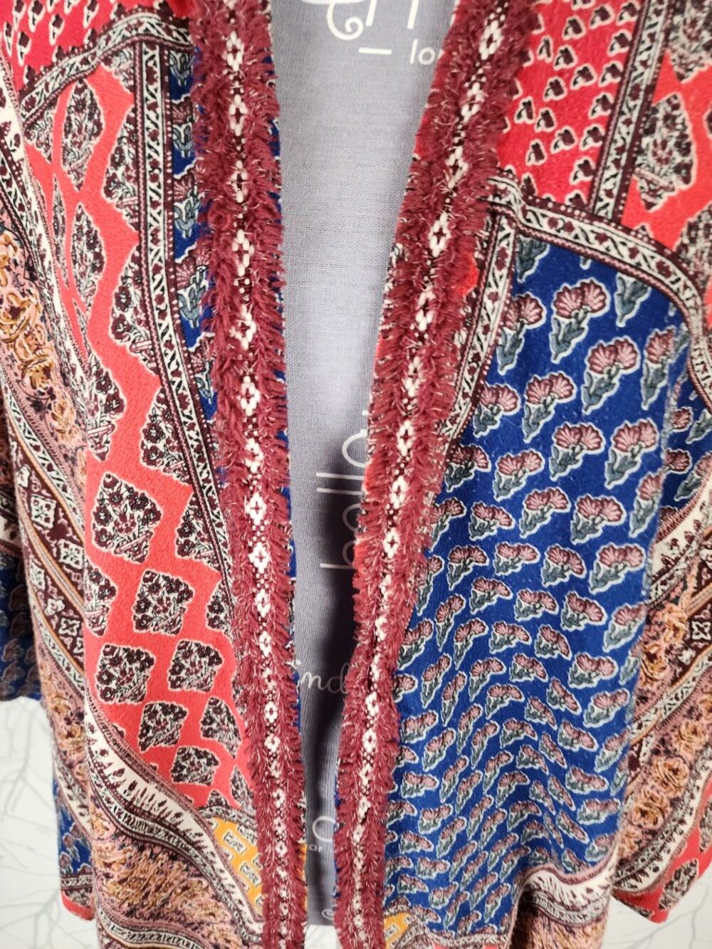 Umgee Colorful Patchwork Open Front Batwing Cardigan - Picture 2 of 6